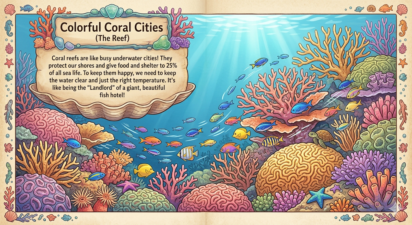 Close up of coral structures looking like tiny underwater skyscrapers with small fish swimming through them.