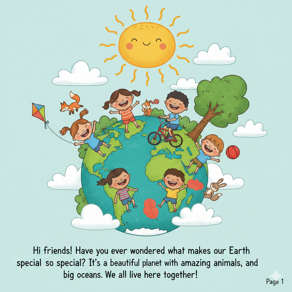 A bright, happy sun shining over a green earth with smiling children playing outdoors.