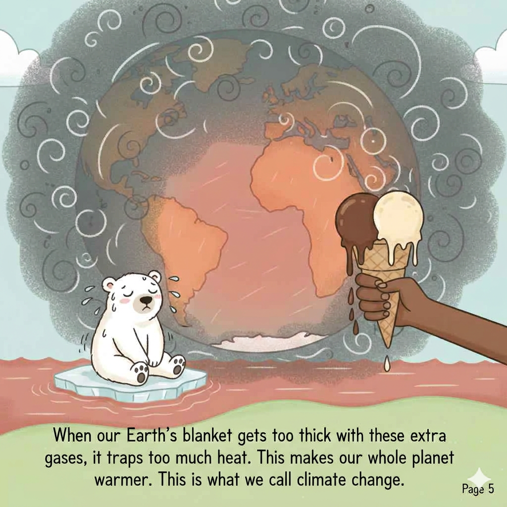 The Earth looking warmer with a red tint and a melting ice cream cone representing climate change.