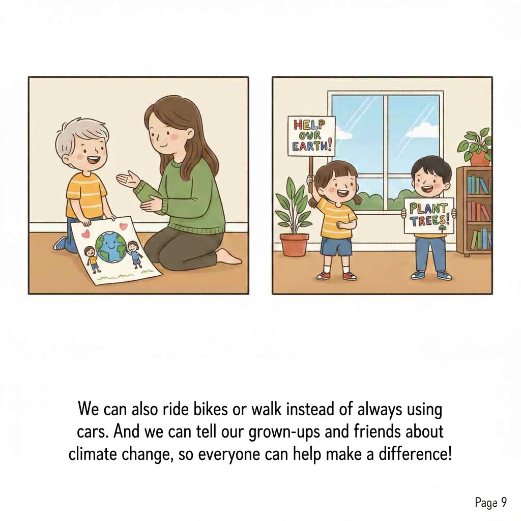 Children holding signs that say Help Our Earth and talking to grown-ups.