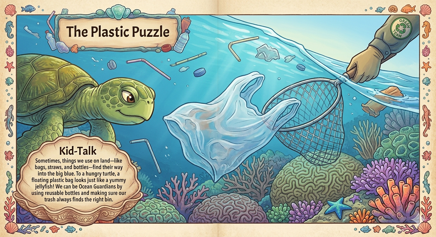 An illustration showing plastic bottles and bags floating in the water, looking out of place among the sea life.