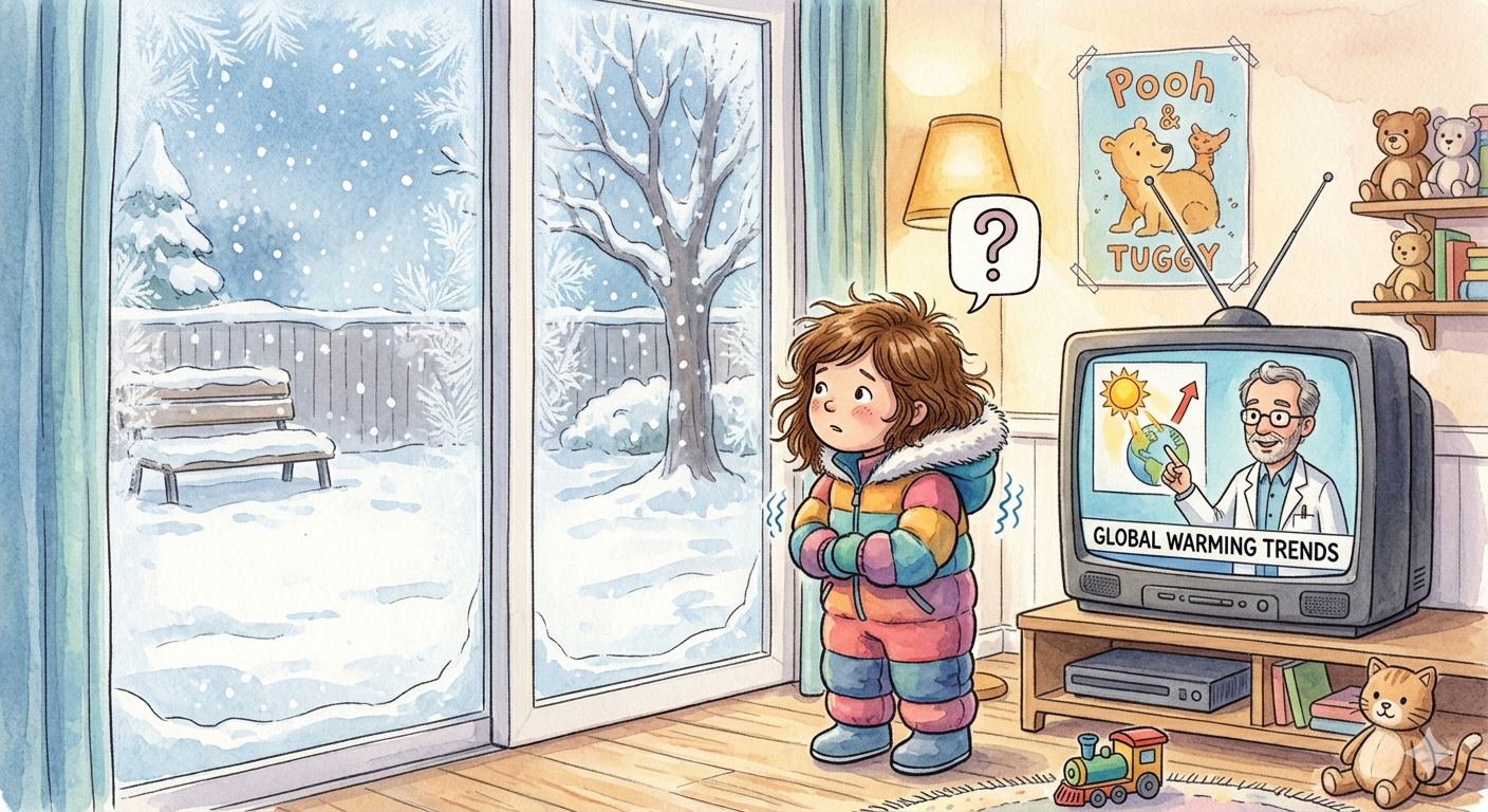 Kid confused by snow during global warming news to show the difference between weather and climate.