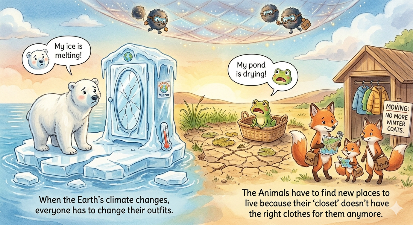 Polar bears and frogs affected by changing climate patterns and melting ice.