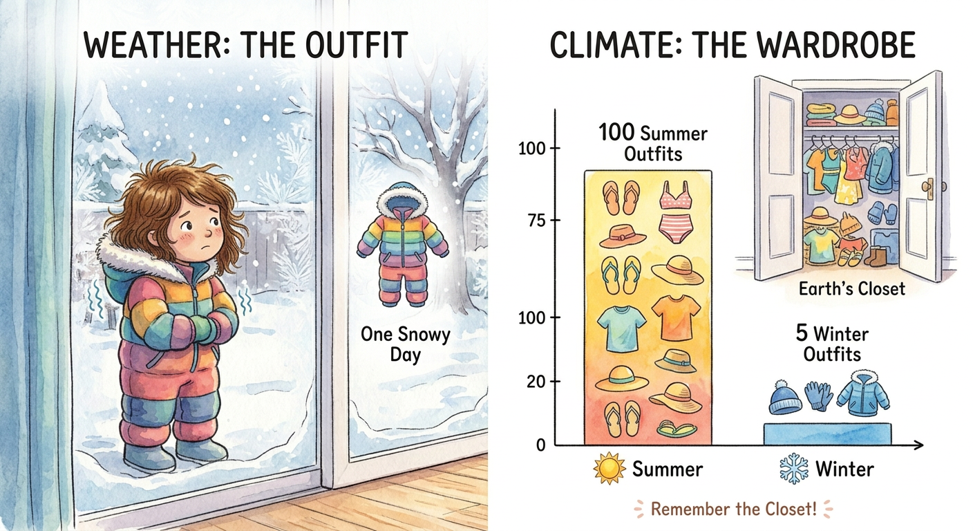 Diagram comparing a single outfit to an entire wardrobe to explain climate change science for children.