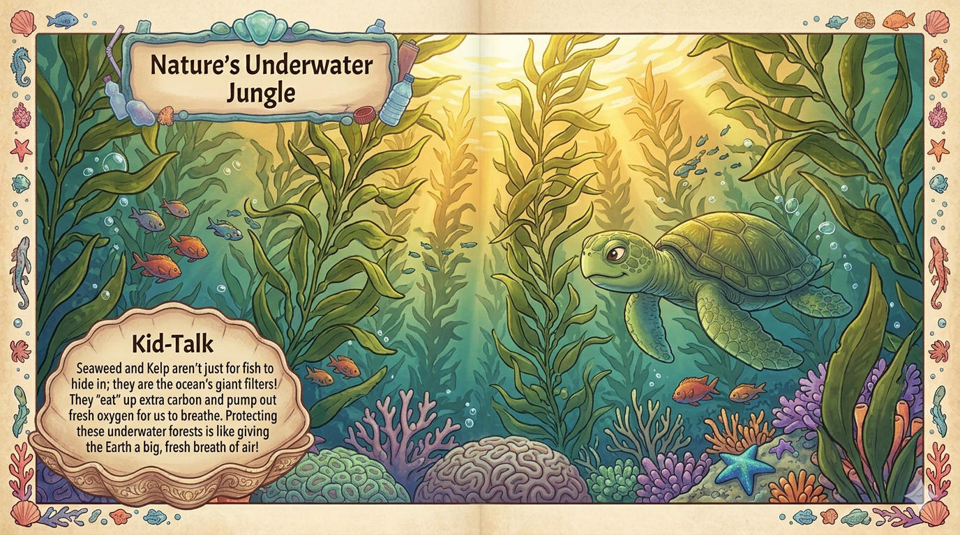 A lush kelp forest swaying in the ocean currents, looking like a tall green jungle beneath the waves.