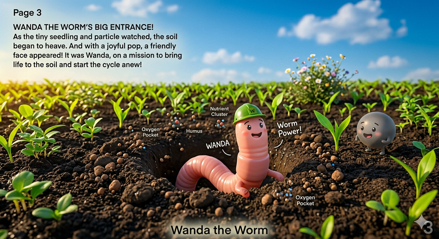 Wanda the Worm bursting joyfully through the soil.